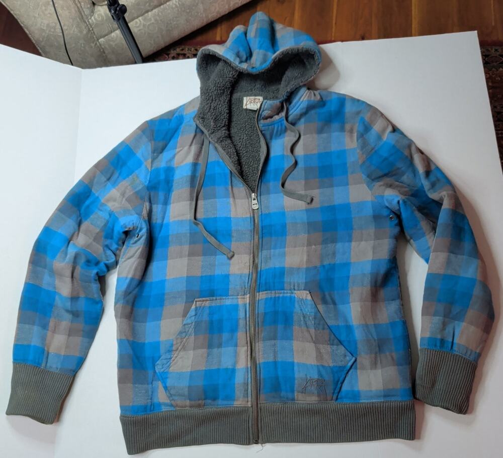 VTG Kirra Y2K Plaid Fleece Lined Hoodie Men XL Blue Gray PacSun Skater tiny Flaw